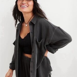 AERIE Distressed Charcoal Slate Gray Oversized Button Up Relaxed Fit Shacket